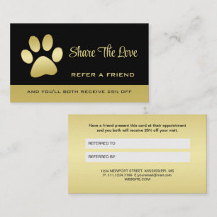  Gold Shiny Dog Paw on black Pet Grooming Service  Referral Card