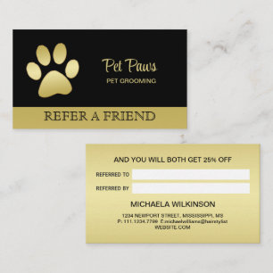  Gold Shiny Dog Paw on black Pet Grooming Service  Referral Card