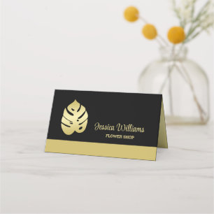Gold Shiny Flower Monstera Leaves on black Appointment Card