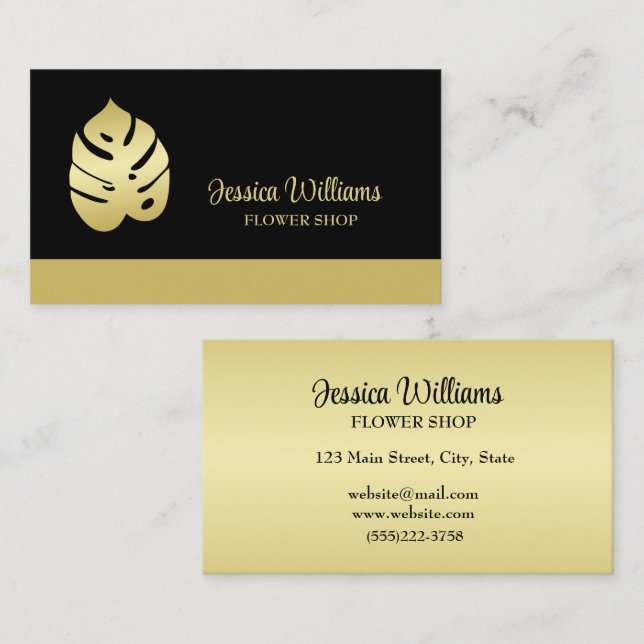 Gold Shiny Flower Monstera Leaves on black  Business Card (Front/Back)