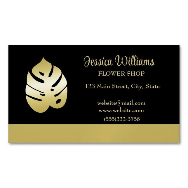 Gold Shiny Flower Monstera Leaves on black  Magnetic Business Card (Front)