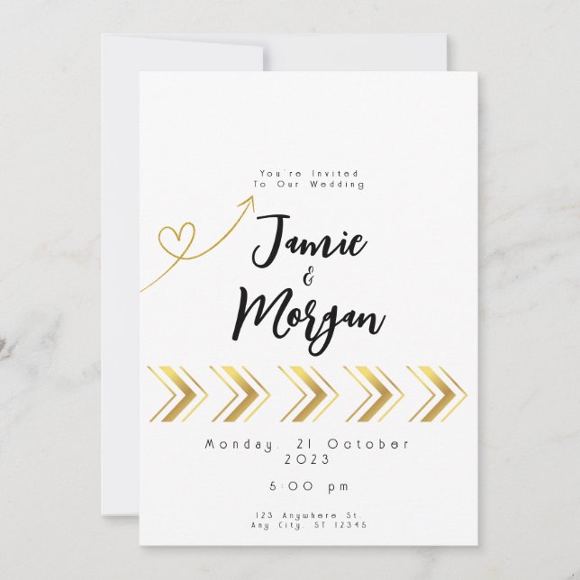 Gold Shiny Heart Arrow White Wedding Invitation (Front)