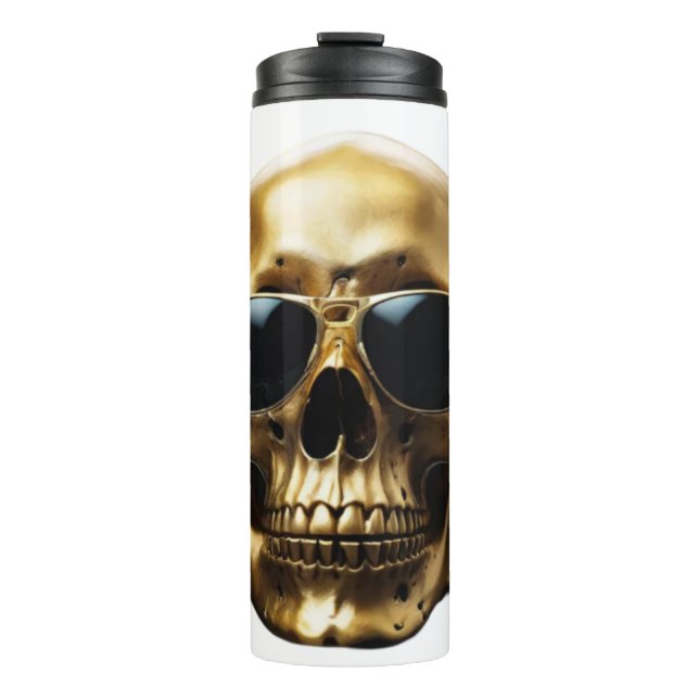 Gold shiny metallic 3D skull with sunglasses Thermal Tumbler (Front)