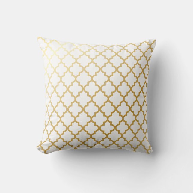 Gold Shiny Metallic Quatrefoil Pattern Throw Pillow (Front)