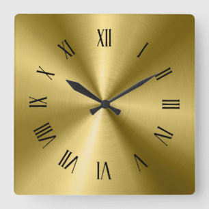 Gold Shiny Metallic Texture Roman Numerals Square Wall Clock