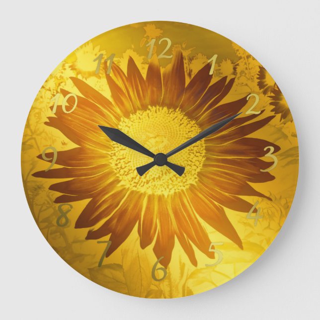 gold ,shiny ,modern, style, coloured, sunflower large clock (Front)