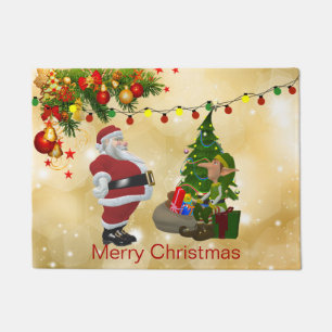Gold, Shiny, Santa Claus & Elf, Christmas Doormat