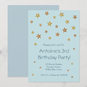 Gold Shiny Stars Light Blue Baby Kids Birthday Invitation
