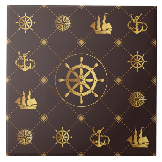 Gold Ship Wheel Ceramic Tile (Front)
