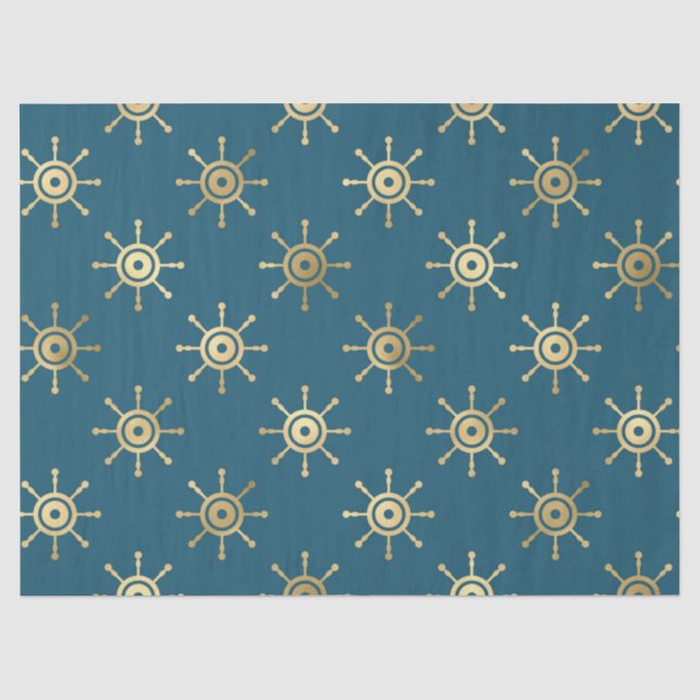 Gold Ship Wheels on Blue/Green Decoupage Tissue Paper (Front)