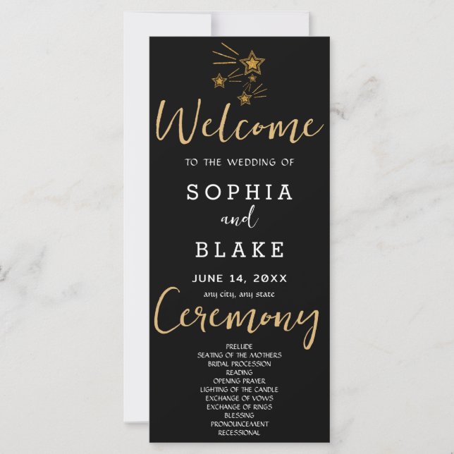 Gold Shooting Stars Black Wedding Program (Front)