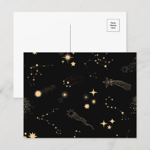 Gold shooting stars comets planets sky night postcard