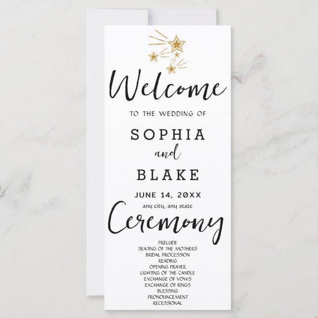 Gold Shooting Stars White Wedding Program (Front)