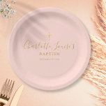 Gold Signature Baptism Christening Blush Pink Pape Paper Plate<br><div class="desc">Featuring gold script signature name. Personalize with your special baptism or christening information in chic gold lettering on a blush pink background. Designed by Thisisnotme©</div>