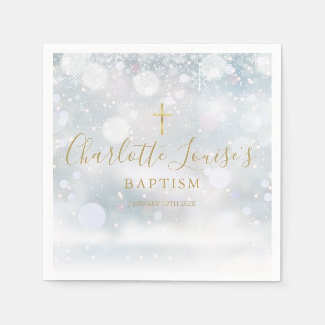 Gold Signature Script Winter Baptism Christening Napkin (Front)