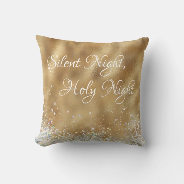 Gold Silent Night, Holy Night Christmas Throw Pillow (Front)