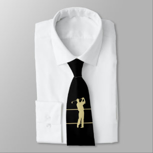 Gold Silhouette Golfer on Black Neck Tie