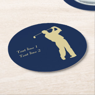 Gold Silhouette Golfer on Blue Round Paper Coaster