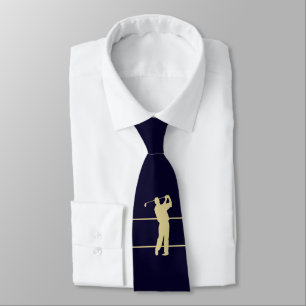 Gold Silhouette Golfer on Navy Blue Neck Tie