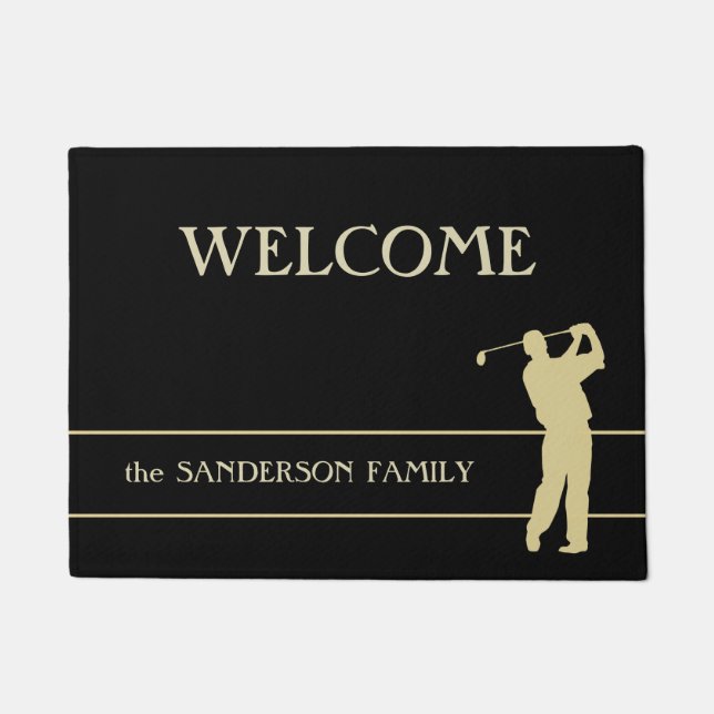 Gold Silhouette Golfer Welcome Doormat (Front)