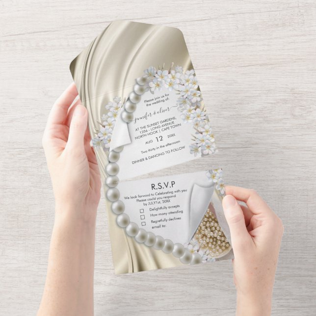 Gold Silk and Pearls All in One Wedding Invite (Tearaway)