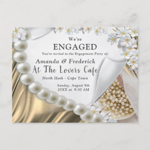 Gold Silk & Ivory Pearls Engagement Invitation Postcard