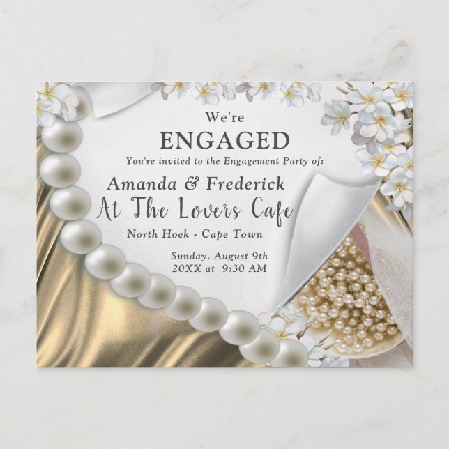 Gold Silk & Ivory Pearls Engagement Invitation Postcard (Front)