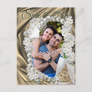 Gold Silk & Ivory Pearls Save the Date Announcement Postcard