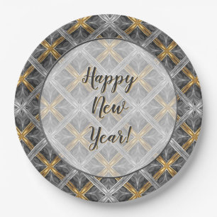 Gold, Silver, and Grey Laced Diamonds Pattern Paper Plate
