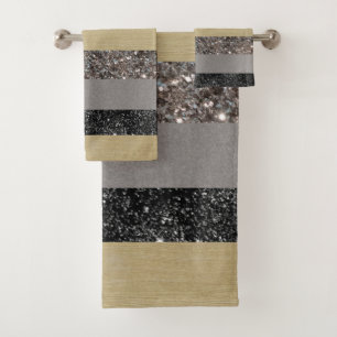 Gold Silver Black Glitter Glam Stripes #1 Bath Towel Set