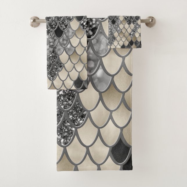 Gold Silver Black Mermaid Scales Glam #1 #art Bath Towel Set (Insitu)