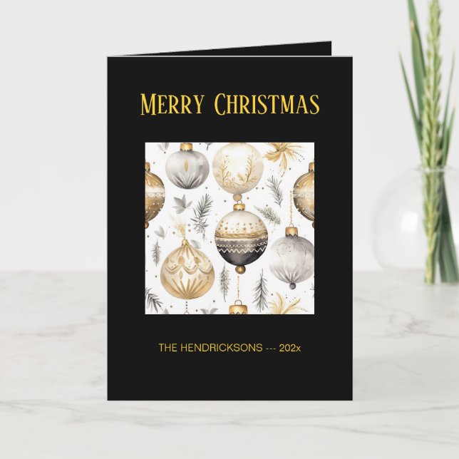 Gold Silver Black Ornaments Christmas Card (Front)