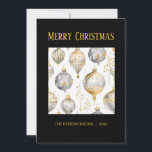 Gold Silver Black Ornaments Christmas Card<br><div class="desc">A lovely holiday card to give for Christmas, it features a watercolor pattern of gold and silver ornaments that is very elegant. The background of the card is black. You can keep or change the faux gold "Merry Christmas" greeting. Be sure to edit the example "from" names and date. On...</div>
