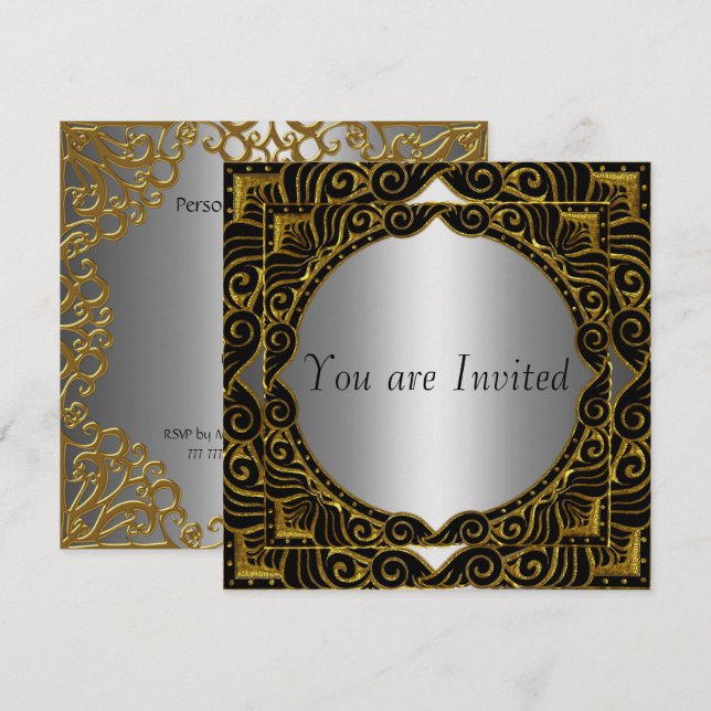 Gold Silver Black retro Party Invitation (Front/Back)