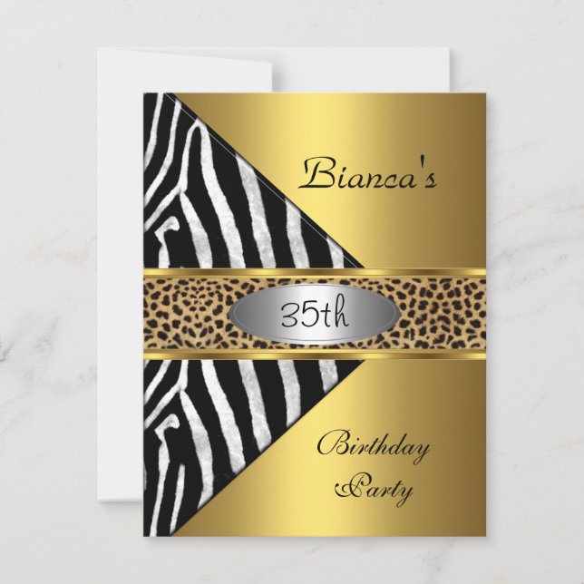 Gold Silver Black Zebra Leopard 35th Birthday Invitation (Front)