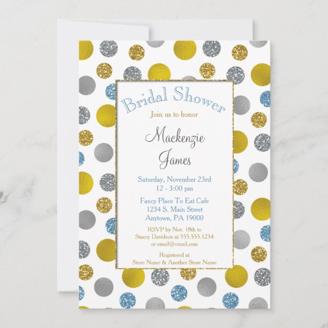 Gold Silver Blue Dots Bridal Shower Invitation (Front)