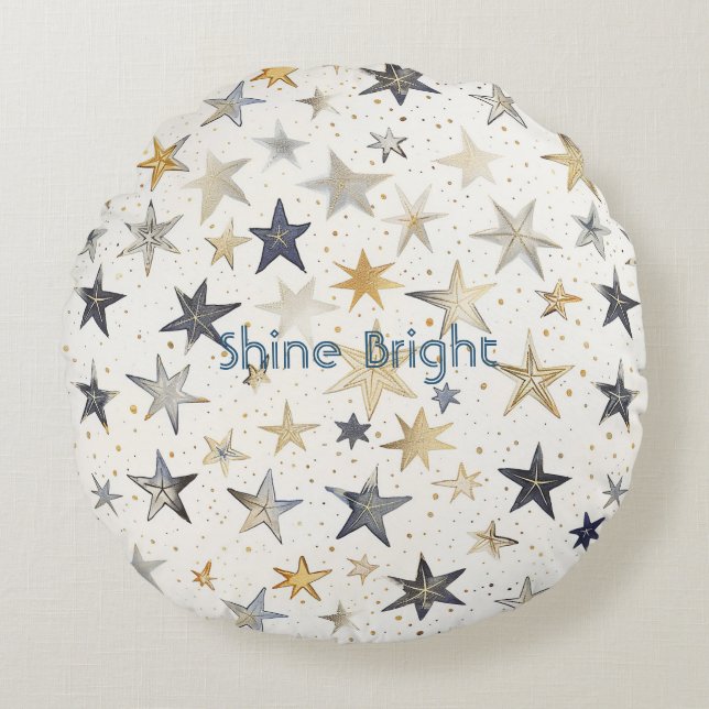 Gold Silver Blue Stars Round Pillow (Front)