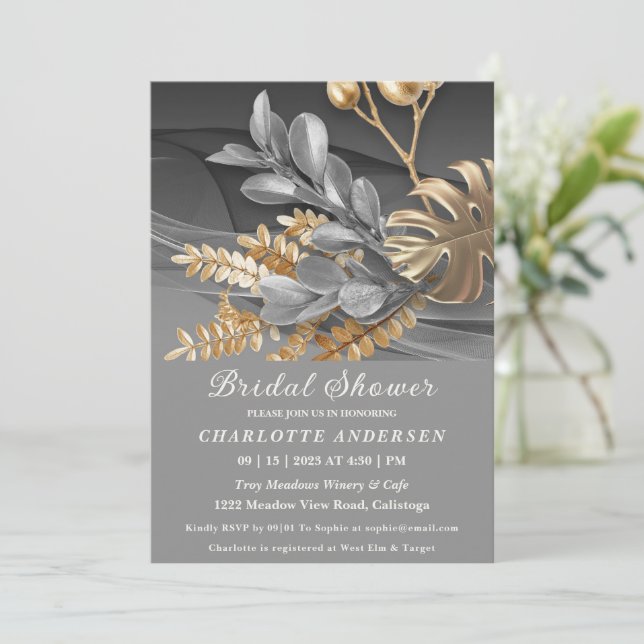 Gold & Silver Botanical  Bridal Shower Invitation (Standing Front)
