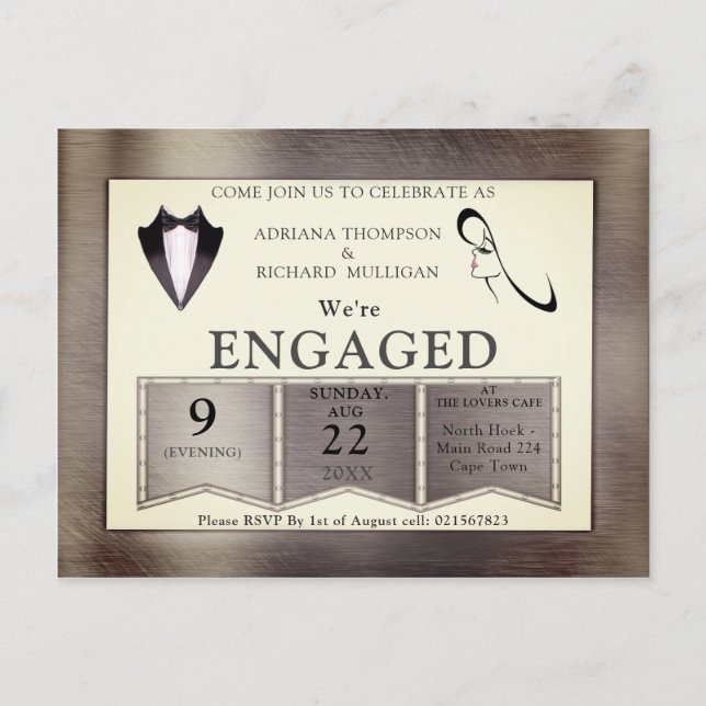 Gold-Silver-Brass Modern Design Engagement Invitation Postcard (Front)