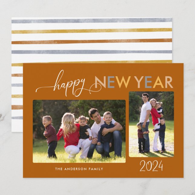 Gold Silver Bronze Happy New Year 2 Photos Black H Holiday Card (Front/Back)