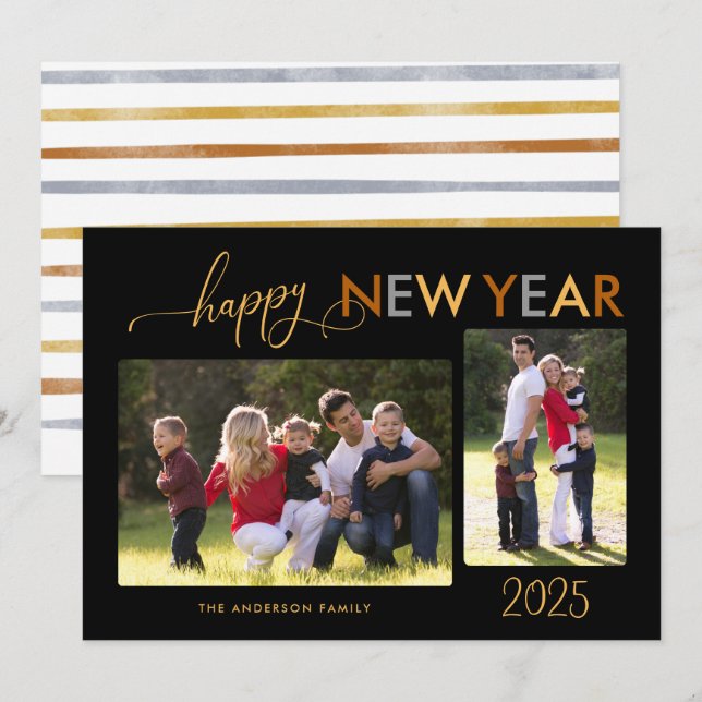 Gold Silver Bronze Happy New Year 2 Photos Black Holiday Card (Front/Back)