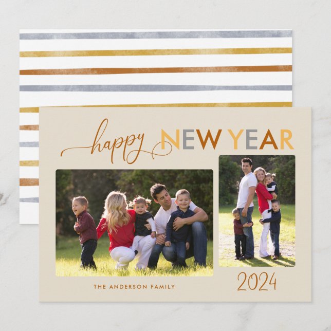 Gold Silver Bronze Happy New Year 2 Photos Holiday (Front/Back)