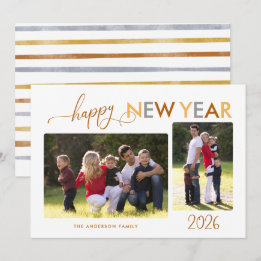 Gold Silver Bronze Happy New Year 2 Photos Holiday Card
