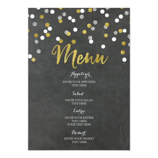 Gold Silver Chalkboard Confetti Wedding Menu Card
