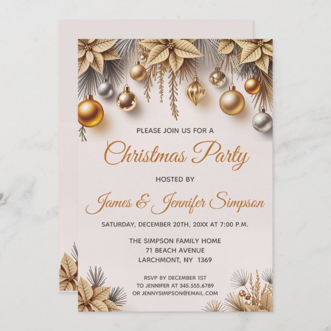 Gold Silver Christmas Tree Ornaments Party Invitation (Front/Back)