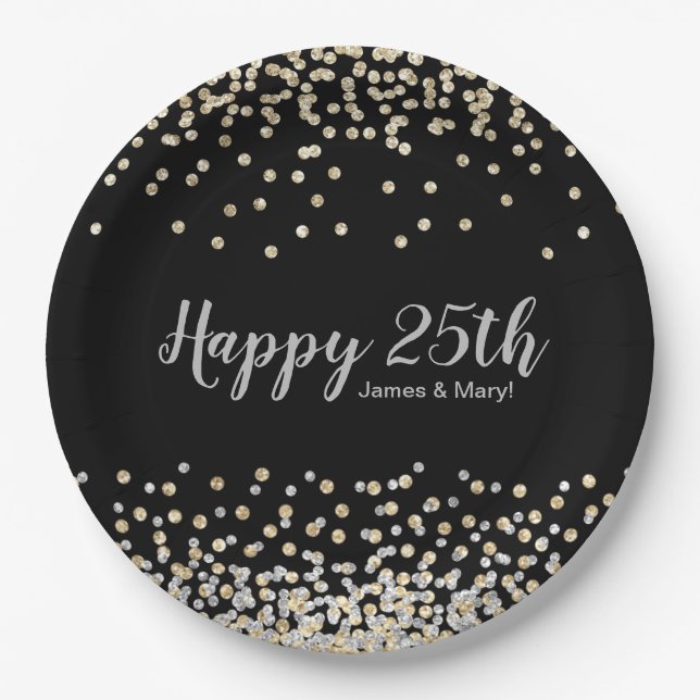 Gold Silver Confetti Custom 25th Anniversary Party Paper Plate (Front)