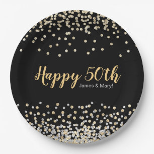 Gold Silver Confetti Custom 50th Anniversary Party Paper Plate