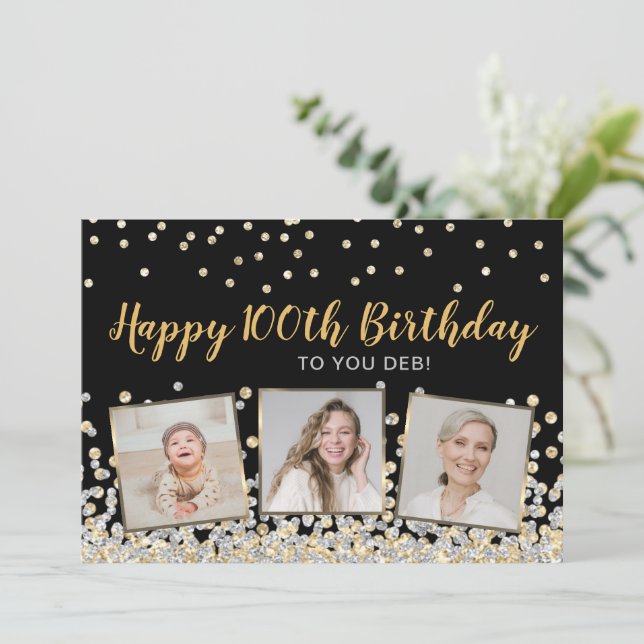 Gold Silver Confetti Photo Collage 100th Birthday Card (Standing Front)