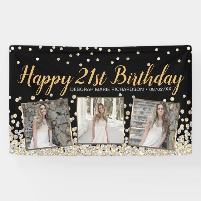 Gold Silver Confetti Photo Collage 21st Birthday Banner (Horizontal)