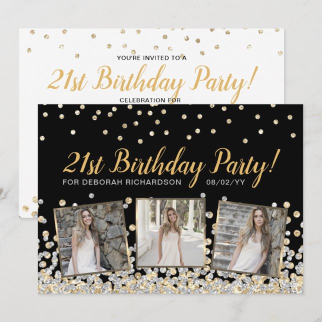 Gold Silver Confetti Photo Collage 21st Birthday Invitation (Front/Back)